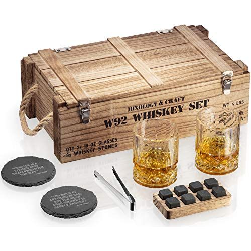  [아마존베스트]Mixology & Craft Whiskey Stones Gift Set for Men | Whiskey Glass and Stones Set with Wooden Army Crate, 8 Granite Whiskey Rocks Chilling Stones and 10oz Whiskey Glasses | Whiskey Gift For Men, Dad,