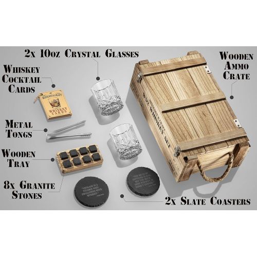  [아마존베스트]Mixology & Craft Whiskey Stones Gift Set for Men | Whiskey Glass and Stones Set with Wooden Army Crate, 8 Granite Whiskey Rocks Chilling Stones and 10oz Whiskey Glasses | Whiskey Gift For Men, Dad,