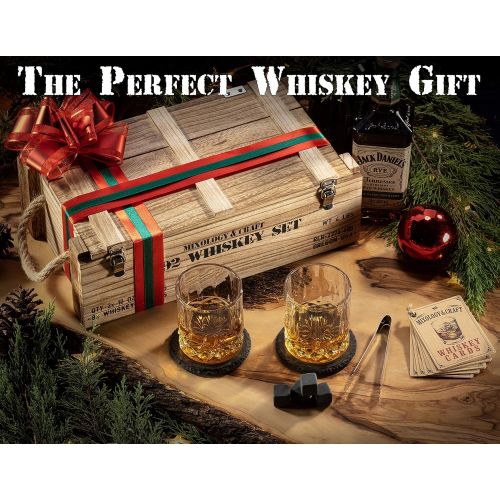  [아마존베스트]Mixology & Craft Whiskey Stones Gift Set for Men | Whiskey Glass and Stones Set with Wooden Army Crate, 8 Granite Whiskey Rocks Chilling Stones and 10oz Whiskey Glasses | Whiskey Gift For Men, Dad,