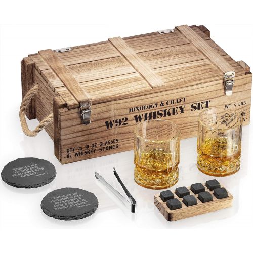  [아마존베스트]Mixology & Craft Whiskey Stones Gift Set for Men | Whiskey Glass and Stones Set with Wooden Army Crate, 8 Granite Whiskey Rocks Chilling Stones and 10oz Whiskey Glasses | Whiskey Gift For Men, Dad,
