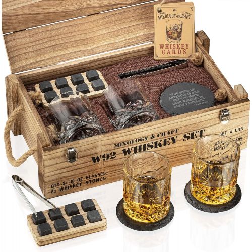  [아마존베스트]Mixology & Craft Whiskey Stones Gift Set for Men | Whiskey Glass and Stones Set with Wooden Army Crate, 8 Granite Whiskey Rocks Chilling Stones and 10oz Whiskey Glasses | Whiskey Gift For Men, Dad,