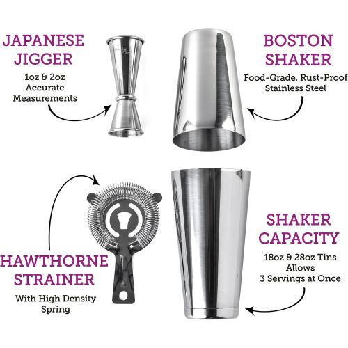  [아마존베스트]Mixology & Craft Cocktail Shaker Boston Shaker Set: Professional Weighted Martini Shakers, Cocktail Strainer and Japanese Jigger | Portable Bar Shaker Set for Drink Mixer Bartending | Exclusive Rec