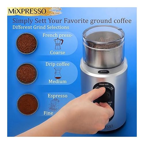  Mixpresso Electric Coffee Grinder 12 Cup Capacity, 304 Stainless Steel Blade, Espresso Bean Grinder, Removable Chamber, Coffee Grinder Electric with 5 Presets For Spices & More