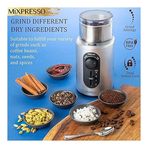 Mixpresso Electric Coffee Grinder 12 Cup Capacity, 304 Stainless Steel Blade, Espresso Bean Grinder, Removable Chamber, Coffee Grinder Electric with 5 Presets For Spices & More
