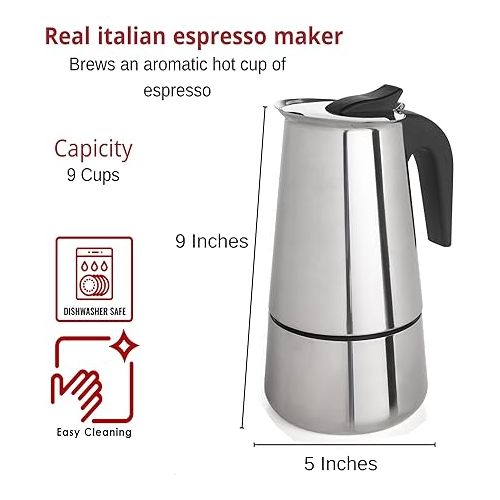  Mixpresso 9 Cup Stovetop Espresso Maker 450ml/15oz, Moka Pot with Coffee Percolator Design, Stainless Steel Stove Top Coffee Maker for Camping or Home Use, Italian Coffee Maker Stovetop