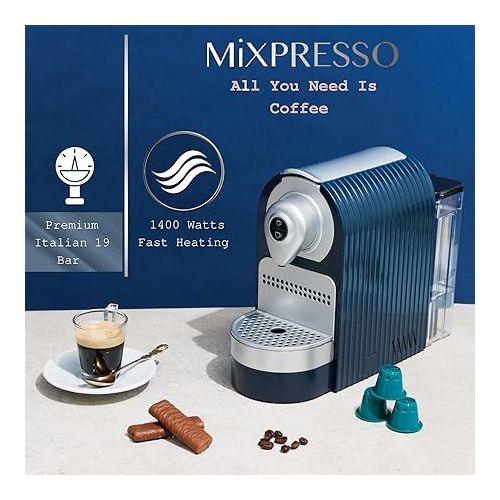  Mixpresso Espresso Machine for Nespresso Compatible Capsule, Single Serve Coffee Maker Programmable for Espresso Pods, Premium Italian 19 Bar High Pressure Pump 27oz 1400w Blue Coffee Maker