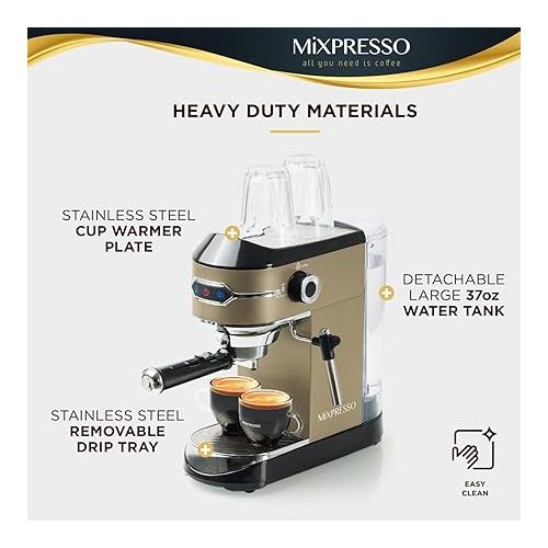  Mixpresso Professional Espresso Machine for Home 15 Bar with Milk Frother Steam Wand, Espresso Maker with Double-Cup Splitter 1450w Fast Heating, Cappuccino and Latte machine 37Oz Water Tank
