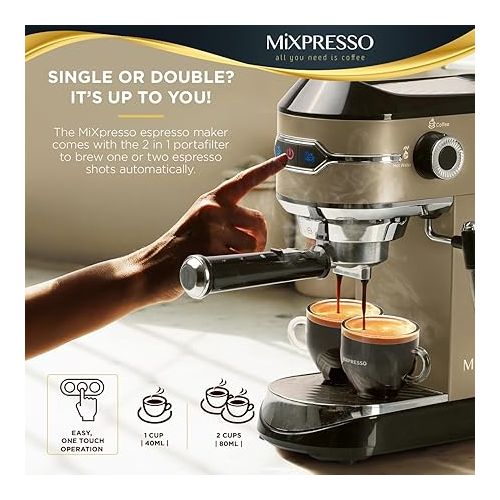  Mixpresso Professional Espresso Machine for Home 15 Bar with Milk Frother Steam Wand, Espresso Maker with Double-Cup Splitter 1450w Fast Heating, Cappuccino and Latte machine 37Oz Water Tank