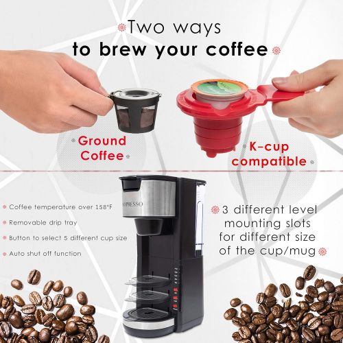  Mixpresso Single Serve 2 in 1 Coffee Brewer K-Cup Pods Compatible & Ground Coffee,Compact Coffee Maker Single Serve With 30 oz Detachable Reservoir, 5 Brew Size and Adjustable Drip