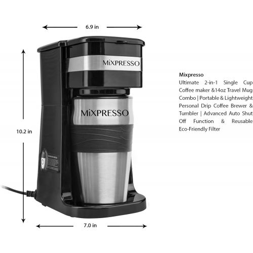  [아마존베스트]Mixpresso Ultimate 2-In-1 Single Cup Coffee Maker & 14oz Travel Mug Combo | Portable & Lightweight Personal Drip Coffee Brewer & Tumbler Advanced Auto Shut Off Function & Reusable Eco-Friend