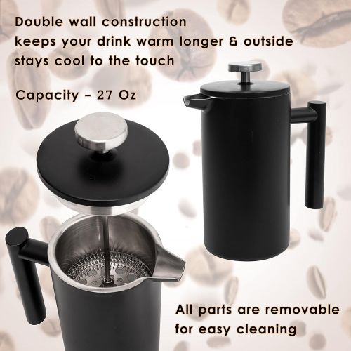  Mixpresso Stainless Steel French Press Coffee Maker 27 Oz 800L Double Wall Metal Insulation Coffee Press &Tea Brewer Easy Clean, And Easy Press, Strong Quality Coffee Press (Black)