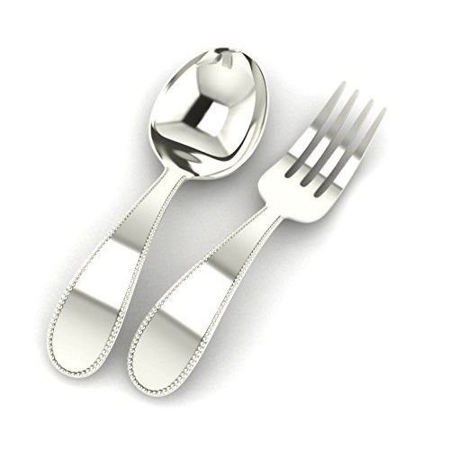  [아마존베스트]Miza Sterling Beaded Silver Baby Spoon & Fork Set