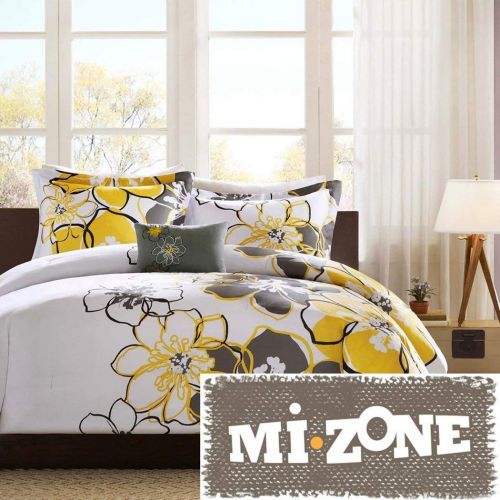  Mizone 3 Piece Girls Floral Themed Comforter Twin XL Set, Pretty Abstract Flower Pattern, Beautiful All Over Summer Bedding, Colorful Flowers, Reversable Dark Gray, White Yellow Grey Blac