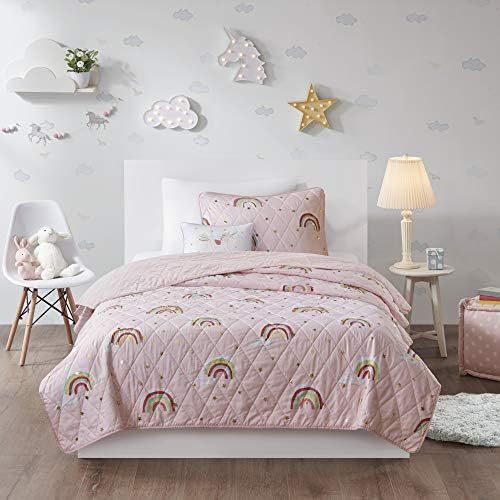  [아마존베스트]Mizone Kids Alicia Rainbow with Metallic Printed Stars Reversible Coverlet Set Pink Full/Queen