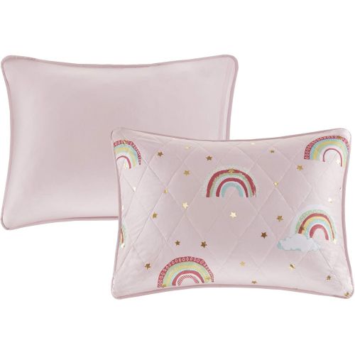  [아마존베스트]Mizone Kids Alicia Rainbow with Metallic Printed Stars Reversible Coverlet Set Pink Full/Queen