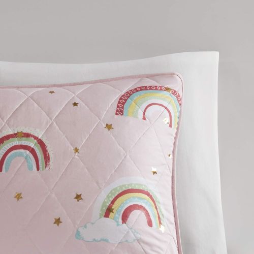  [아마존베스트]Mizone Kids Alicia Rainbow with Metallic Printed Stars Reversible Coverlet Set Pink Full/Queen