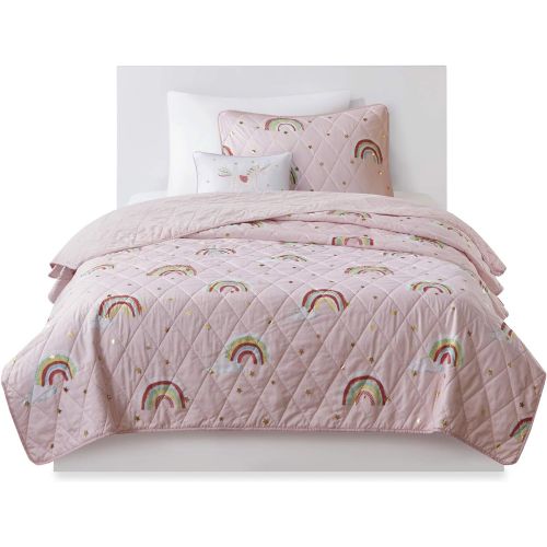  [아마존베스트]Mizone Kids Alicia Rainbow with Metallic Printed Stars Reversible Coverlet Set Pink Full/Queen