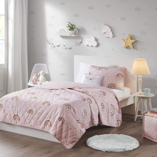  [아마존베스트]Mizone Kids Alicia Rainbow with Metallic Printed Stars Reversible Coverlet Set Pink Full/Queen