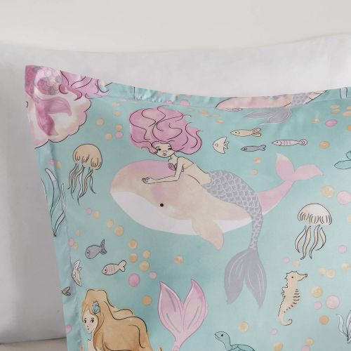  [아마존베스트]Mizone Kids Mi Zone Kids Darya Comforter Mermaid Clam Shell Sea Ocean Whale Fish Printed Scale Pillow Ultra-Soft Overfilled Down Alternative Hypoallergenic All Season Bedding-Set, Twin, Aqua/P