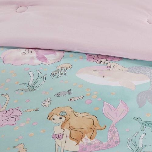  [아마존베스트]Mizone Kids Mi Zone Kids Darya Comforter Mermaid Clam Shell Sea Ocean Whale Fish Printed Scale Pillow Ultra-Soft Overfilled Down Alternative Hypoallergenic All Season Bedding-Set, Twin, Aqua/P