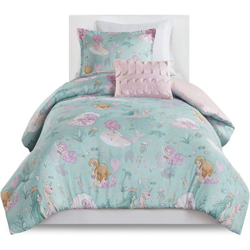  [아마존베스트]Mizone Kids Mi Zone Kids Darya Comforter Mermaid Clam Shell Sea Ocean Whale Fish Printed Scale Pillow Ultra-Soft Overfilled Down Alternative Hypoallergenic All Season Bedding-Set, Twin, Aqua/P