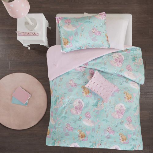  [아마존베스트]Mizone Kids Mi Zone Kids Darya Comforter Mermaid Clam Shell Sea Ocean Whale Fish Printed Scale Pillow Ultra-Soft Overfilled Down Alternative Hypoallergenic All Season Bedding-Set, Twin, Aqua/P