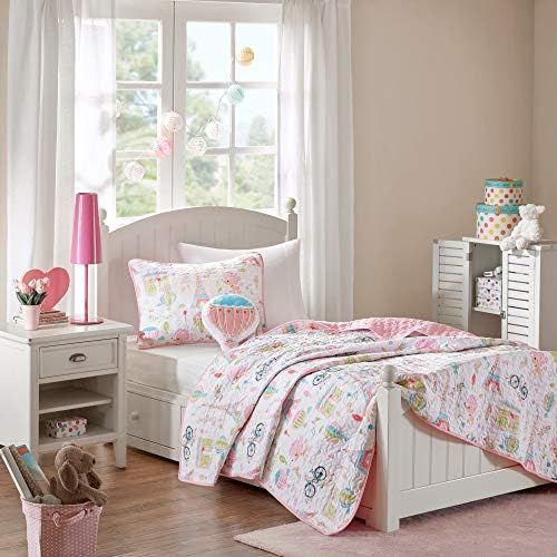  [아마존베스트]Mizone Kids Mi Zone Kids Bonjour Twin Bedding for Girls Quilt Set - Pink, French Paris  3 Piece Kids Girls Quilts  Ultra Soft Microfiber Quilt Sets Coverlet