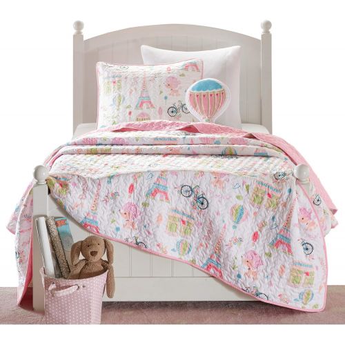  [아마존베스트]Mizone Kids Mi Zone Kids Bonjour Twin Bedding for Girls Quilt Set - Pink, French Paris  3 Piece Kids Girls Quilts  Ultra Soft Microfiber Quilt Sets Coverlet