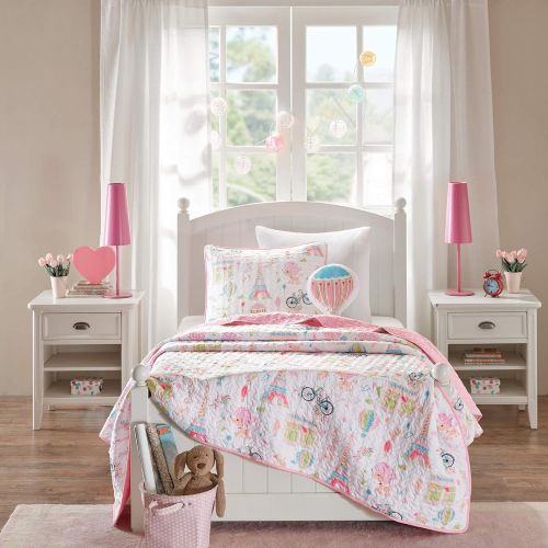  [아마존베스트]Mizone Kids Mi Zone Kids Bonjour Twin Bedding for Girls Quilt Set - Pink, French Paris  3 Piece Kids Girls Quilts  Ultra Soft Microfiber Quilt Sets Coverlet