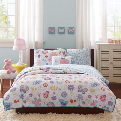  [아마존베스트]Mizone Kids Mi Zone kids - Fluttering Farrah Complete Quilted Coverlet And Sheet Set - White, Blue, Purple - Twin - Floral Print - Includes 1 Coverlet, 1 Pillowcase, 1 Sham, 1 Pillow, 1 Fitted