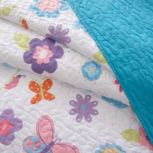  [아마존베스트]Mizone Kids Mi Zone kids - Fluttering Farrah Complete Quilted Coverlet And Sheet Set - White, Blue, Purple - Twin - Floral Print - Includes 1 Coverlet, 1 Pillowcase, 1 Sham, 1 Pillow, 1 Fitted