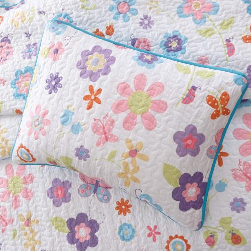  [아마존베스트]Mizone Kids Mi Zone kids - Fluttering Farrah Complete Quilted Coverlet And Sheet Set - White, Blue, Purple - Twin - Floral Print - Includes 1 Coverlet, 1 Pillowcase, 1 Sham, 1 Pillow, 1 Fitted
