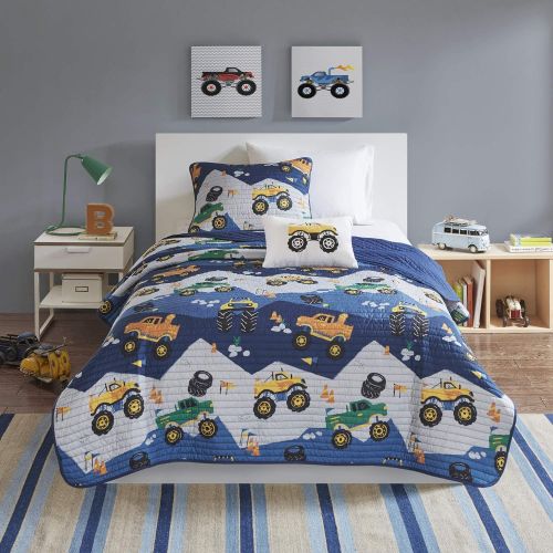  [아마존베스트]Mi Zone Kids Reversible Quilt Set, Vibrant Fun Design, Lightweight All Season Children Bedding, Coverlet Bedspread, Boys Bedroom Decor, Twin, Nash Big Wheel Monster Trucks