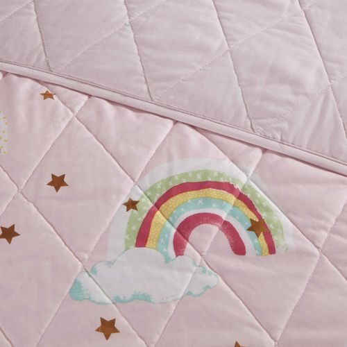  [아마존베스트]Mi Zone Kids Alicia 3 Piece Kids Coverlet Adorable Rainbow, Metallic Print Stars Design Embroidered Unicorn Toss Pillow Fun All Season Quilt Bedding Set with Matching Sham, Twin, P