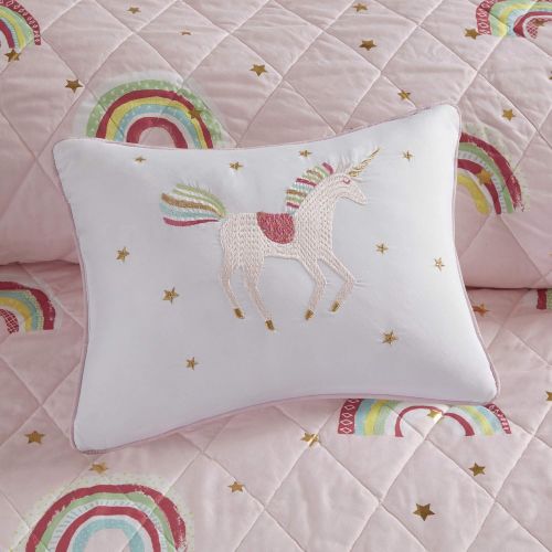  [아마존베스트]Mi Zone Kids Alicia 3 Piece Kids Coverlet Adorable Rainbow, Metallic Print Stars Design Embroidered Unicorn Toss Pillow Fun All Season Quilt Bedding Set with Matching Sham, Twin, P