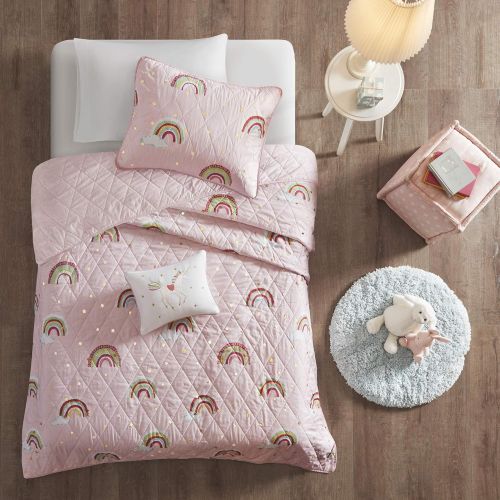  [아마존베스트]Mi Zone Kids Alicia 3 Piece Kids Coverlet Adorable Rainbow, Metallic Print Stars Design Embroidered Unicorn Toss Pillow Fun All Season Quilt Bedding Set with Matching Sham, Twin, P