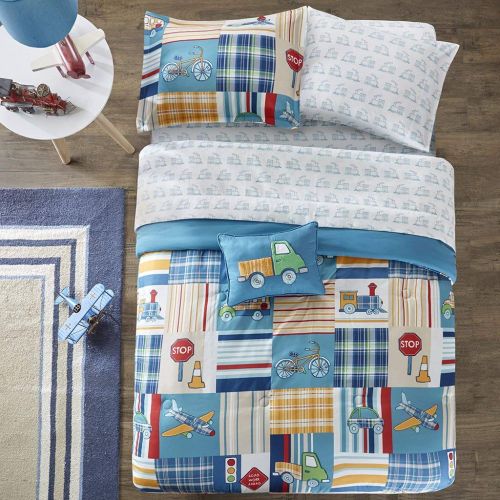  Mizone Kids Mi Zone Kids Choo Choo Charlie Twin Kids Bedding Sets for Boys - Blue, Parchwork Trains, Plane, Plaid  6 Pieces Boy Comforter Set  Ultra Soft Microfiber Kid Childrens Bedroom Com