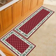 Mjia Rugs Kitchen Mats Non Slip Kitchen Rugs Doormat,2PCS red Plaid and Leaves 7MM Thickness Carpet,5080+50160cm,Area Floor Mats Bedroom Anti-Fatigue Carpet Cushioned Door Mats Sets