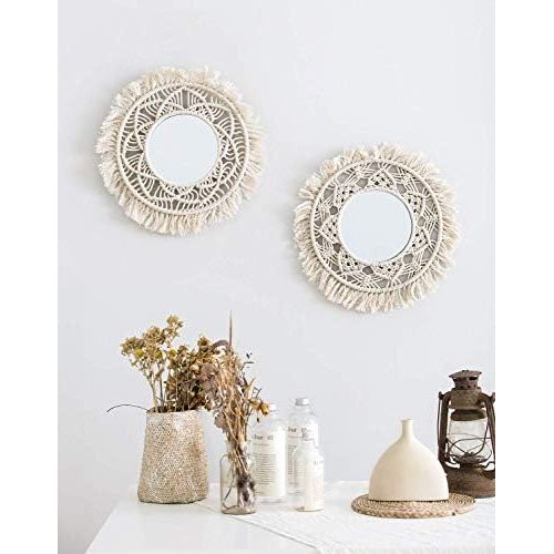  Visit the Mkouo Store Mkouo Hanging Wall Mirror with Macrame Rim Set of 2 Small Round Decoratic Boho Antique Mirror for Apartment LivingRoom Bedroom Baby Nursery, Beautiful Gift Ideas