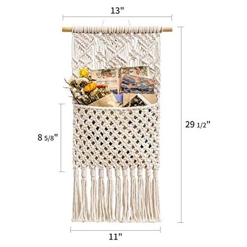  Visit the Mkouo Store Mkouo Makramee Magazine Storage Organiser Wall Mount Cotton Wovening Hanging Pocket,Boho Home Decor, Ivory, 33 cm (W) x 73 cm (L)
