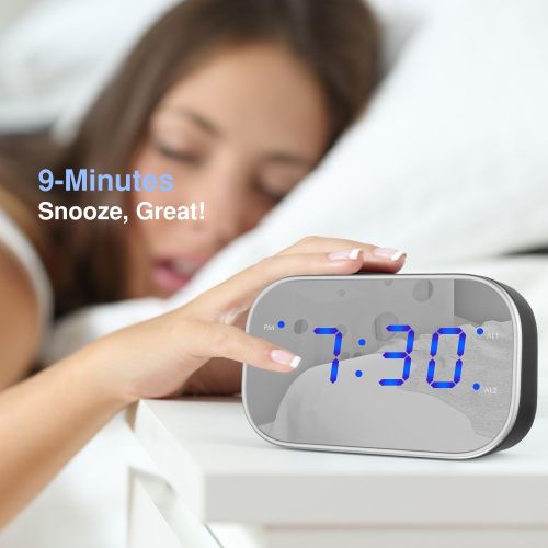  MoKo Mirror Alarm Clock, Large 1.4 LED Display Table Desk Lamp Makeup Mirror Travel Clock for Office Bedroom Bathroom, Dual Alarm with Snooze, Dimmer Control, Backup Battery (Not I