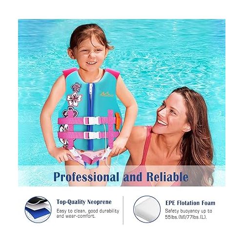  MoKo Swimming Vest for Kids 46-77 lbs, Clearance Children Swim Vests Water Activity Equipment Cute Pattern Watersports Swimming Device for Toddlers Boys Girls, L Size - Lake Blue