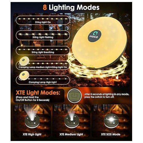  MoKo Camping String Lights, 2 in 1 Outdoor String Lights with 8 Lighting Modes, Portable Camping Lantern Rechargeable, Lasts Up to 14 hrs, Waterproof Tent Lights for Camping Holiday Christmas