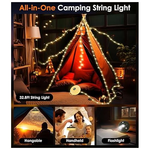  MoKo Camping String Lights, 2 in 1 Outdoor String Lights with 8 Lighting Modes, Portable Camping Lantern Rechargeable, Lasts Up to 14 hrs, Waterproof Tent Lights for Camping Holiday Christmas