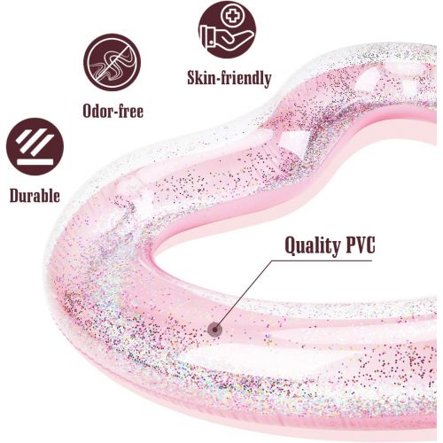  MoKo Glitter Swim Rings, Inflatable Pool Float Tube Summer Swimming Pool Float Ring Heart Shaped Swimming Tube Water Fun Beach Pool Toys for Summer Party for Kids Adults - Pink