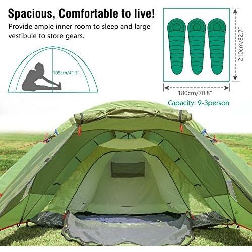  MoKo Waterproof Family Camping Tent, Portable 3 Person Outdoor Instant Cabin Tent, 4-Season Double Layer Dome Tent Sun Shelter for Hiking, Backpacking, Trekking, Mountaineering, Be