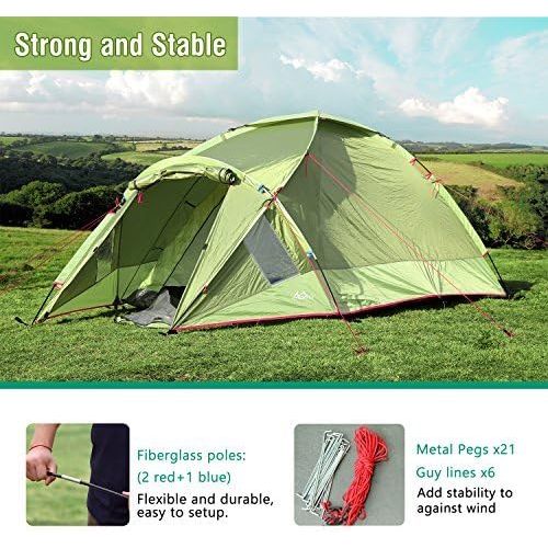  MoKo Waterproof Family Camping Tent, Portable 3 Person Outdoor Instant Cabin Tent, 4-Season Double Layer Dome Tent Sun Shelter for Hiking, Backpacking, Trekking, Mountaineering, Be