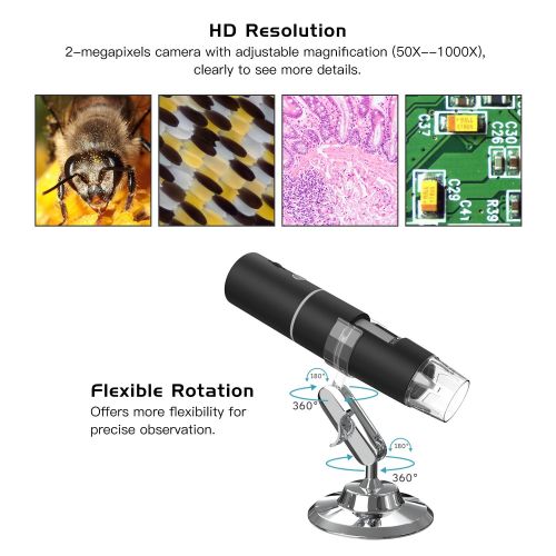  [아마존베스트]MoKo WiFi USB Digital Microscope, HD 2MP Microscope, 1000X Magnification Mini Kids Camera Wireless Endoscope with 8 LEDs, Metal Stand for iPhone/iPad/Windows/Android/iOS, Black