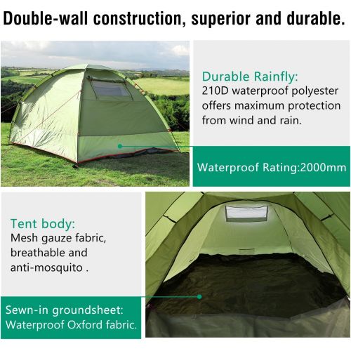  MoKo Waterproof Family Camping Tent, Portable 3 Person Outdoor Instant Cabin, 4-Season Double Layer, Army green