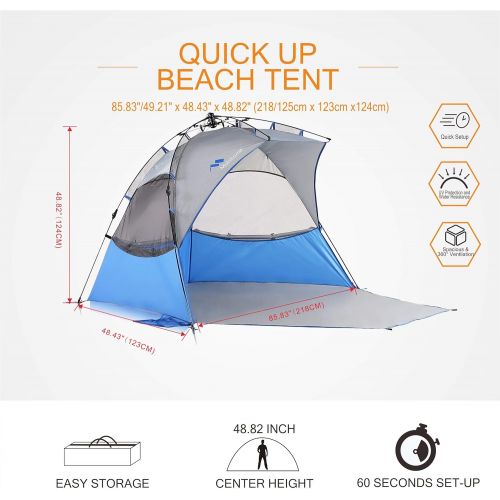  Mobihome Beach Tent Sun Shelter Pop Up, Large 3-4 Person Portable Shade Tents with UPF 50+ Protection, Easy Setup Beach Canopy Umbrellas Windproof for Sand, Surf, Camping, Outdoor - with Ex